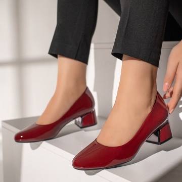 Pantofi cu toc gros dama rosu inchis cu aspect lucios MOD12115, 2, modlet.ro