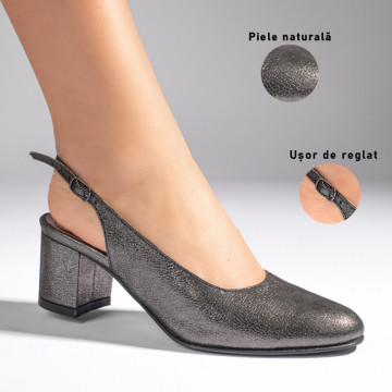 Pantofi cu toc gros si bareta gri sidefat din Piele naturala MOD11063, 3, modlet.ro