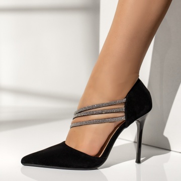 Pantofi cu toc subtire dama si strasuri negru suede MOD10000, 2, modlet.ro