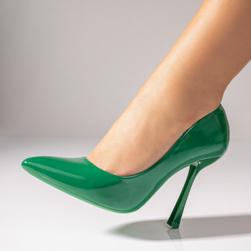 Pantofi dama cu toc conic si aspect lacuit verde MOD07812, 1, modlet.ro