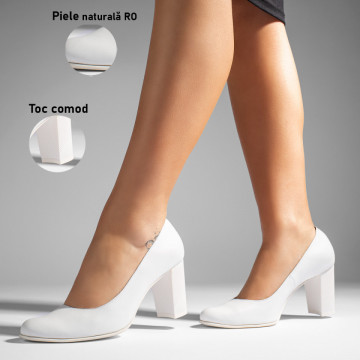 Pantofi dama cu toc gros albi din Piele naturala MOD07647, 3, modlet.ro