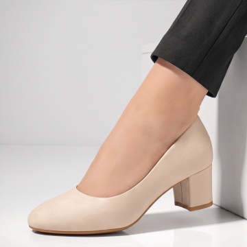 Pantofi dama cu toc gros bej din satin INA26, 2, modlet.ro
