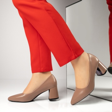 Pantofi cu toc gros dama, Pantofi dama cu toc gros bej inchis IRIS42, modlet.ro