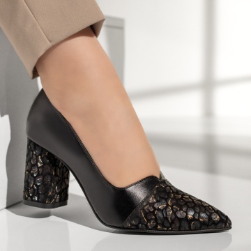 Pantofi dama cu toc gros negri cu print din Piele naturala MOD13133, 4, modlet.ro