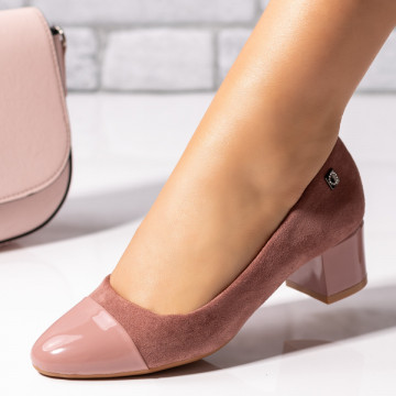 Pantofi dama cu toc gros roz suede si varf lucios MOD06434, 3, modlet.ro