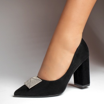 Pantofi dama cu toc gros si accesoriu decorativ negri MOD12764, 3, modlet.ro