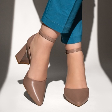 Pantofi dama cu toc gros si bareta bej inchis MOD13101, 4, modlet.ro