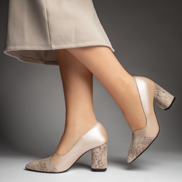 Pantofi dama cu toc gros si imprimeu bej din Piele naturala MOD13133, 2, modlet.ro