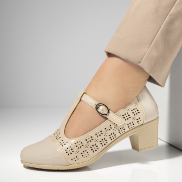 Pantofi dama cu toc gros si perforatii bej MOD13258, 3, modlet.ro