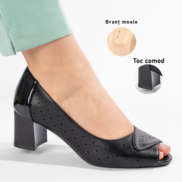 Pantofi dama cu toc gros si perforatii negri MOD11214, 3, modlet.ro