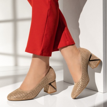 Pantofi cu toc, Pantofi dama cu toc gros si print bej MOD13693, modlet.ro