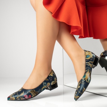 Pantofi dama cu toc mic si imprimeu albastri din Piele naturala MOD13493, 2, modlet.ro