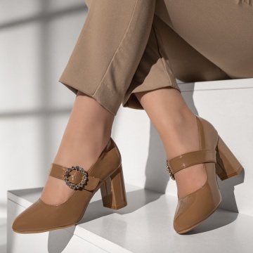 Pantofi dama cu toc si bareta khaki luciosi MOD10596, 2, modlet.ro