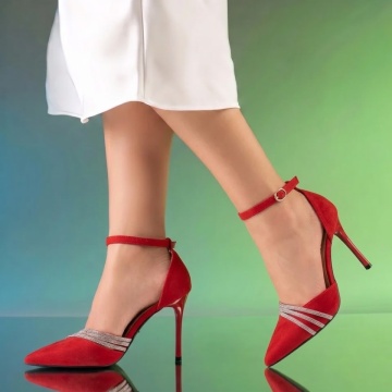 Pantofi cu toc, Pantofi dama cu toc subtire si bareta rosu suede LIA96, modlet.ro