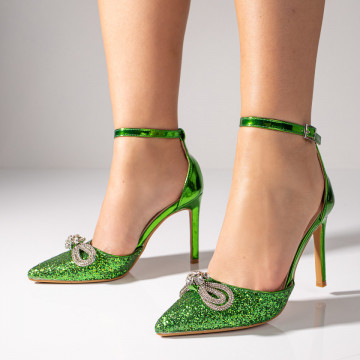 Pantofi dama verzi glitter cu toc subtire si fundita MOD09104, 3, modlet.ro