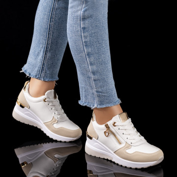 Pantofi sport dama cu platforma albi cu bej MOD09601, 3, modlet.ro