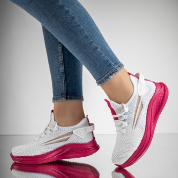 Pantofi sport dama cu siret din material textil alb cu roz MOD13183, 3, modlet.ro
