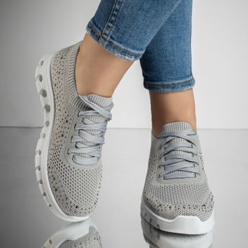 Pantofi sport dama cu siret si pietre aplicate gri ZEF13172, 3, zeforia.ro