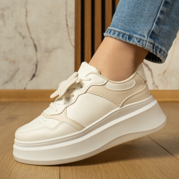 Pantofi sport dama cu siret si talpa groasa alb cu bej MOD13024, 4, modlet.ro