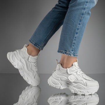 Pantofi sport dama cu siret si talpa groasa albi MOD11697, 4, modlet.ro