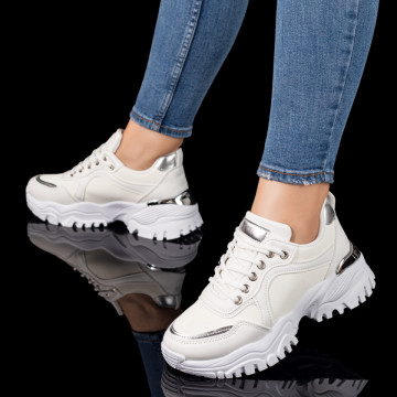 Pantofi sport dama cu talpa groasa albi cu argintiu MOD09796, 3, modlet.ro