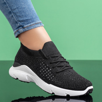 Pantofi sport dama negri cu siret si strasuri aplicate MOD08701, 4, modlet.ro