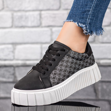 Pantofi sport dama negru cu alb cu model si siret MOD06312, 2, modlet.ro