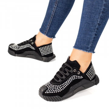Pantofi sport negri dama cu strasuri aplicate argintii MOD10069, 3, modlet.ro