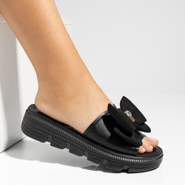 Papuci casual dama cu talpa groasa si accesoriu decorativ negri EVA56, 3, modlet.ro
