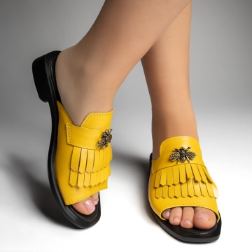 Papuci dama cu accesoriu metalic galbeni din Piele naturala MOD13412, 1, modlet.ro