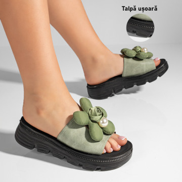 Papuci dama cu talpa groasa si model floral verzi MOD11434, 3, modlet.ro