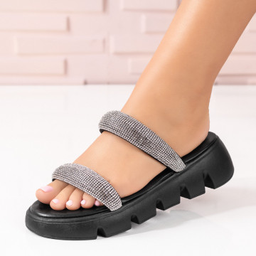 Papuci dama cu talpa groasa si strasuri aplicate negri MOD09176, 3, modlet.ro