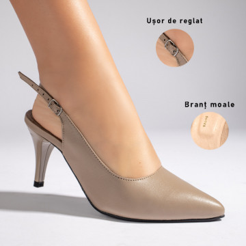 Sandale cu toc subtire khaki dama din Piele naturala MOD11259, 3, modlet.ro