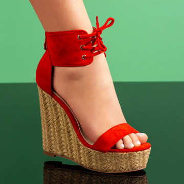 Sandale dama cu platforma si fermoar la spate rosii suede MOD08681, 3, modlet.ro