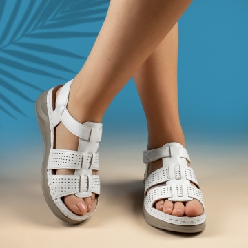 Sandale cu platforma, Sandale dama cu platforma si inchidere cu scai albe MOD14307, modlet.ro