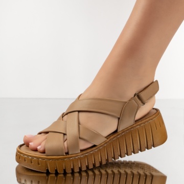 Sandale dama cu platforma si inchidere cu scai maro din Piele naturala MOD13662, 4, modlet.ro