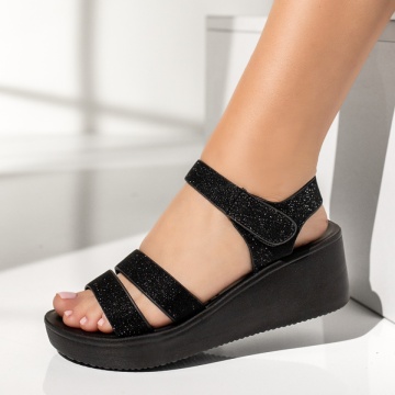 CUPON, Sandale dama cu platforma si inchidere cu scai negre glitter MIA1, modlet.ro