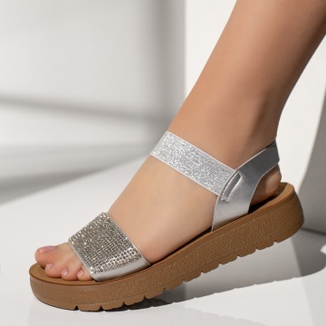 Sandale dama cu talpa joasa si aplicatii cu pietre argintii MOD13384