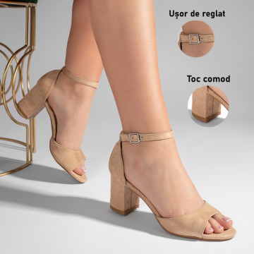 Sandale dama cu toc gros si bareta bej suede MOD09228, 3, modlet.ro
