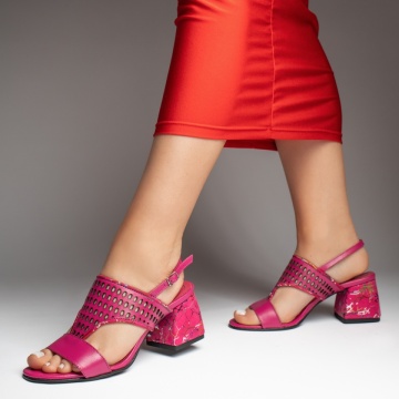 Sandale dama cu toc gros si perforatii roz din Piele naturala MOD13449, 3, modlet.ro