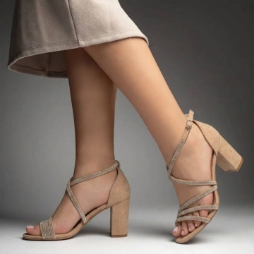 Sandale dama cu toc gros si strasuri bej suede MARA4, 3, modlet.ro