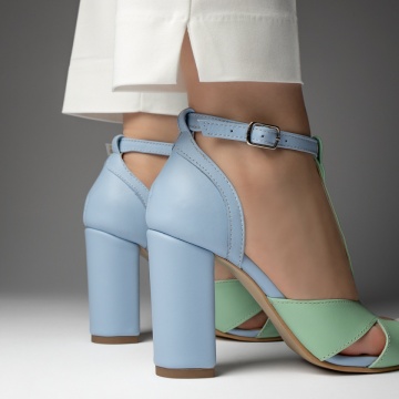 Sandale dama cu toc gros verzi cu albastru suede din Piele Naturala ZEF13471, 4, zeforia.ro
