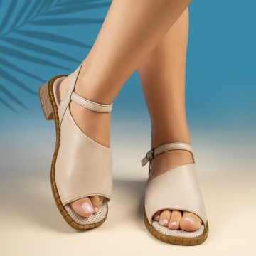Sandale dama cu toc mic si bareta bej din Piele naturala MOD13422, 3, modlet.ro