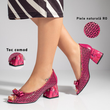 Sandale dama cu toc si fundita roz din Piele naturala MOD11458, 3, modlet.ro