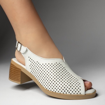 Sandale dama cu toc si perforatii albe din Piele naturala MOD13426, 3, modlet.ro