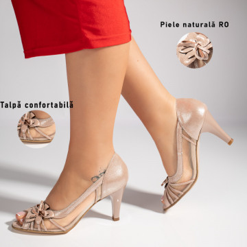 Sandale dama cu toc subtire bej din Piele naturala MOD11385, 3, modlet.ro