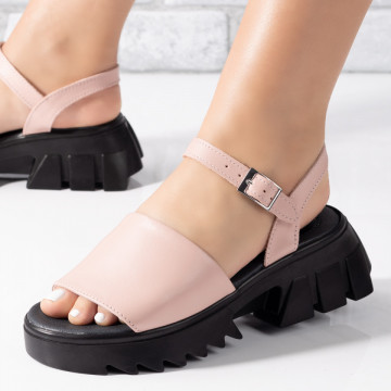 Sandale dama roz cu talpa groasa neagra din Piele naturala MOD08908, 3, modlet.ro