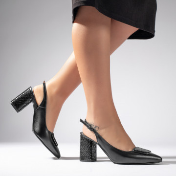 Sandale negre dama cu toc gros si accesoriu MOD11258, 2, modlet.ro
