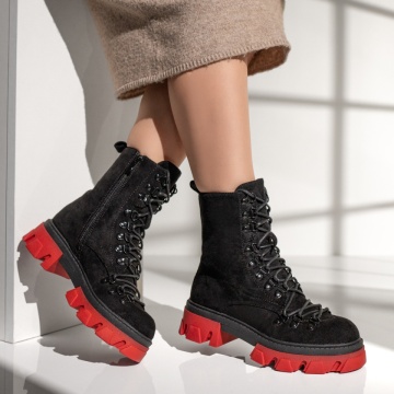 Bocanci dama cu siret si talpa rosie negru suede MOD12634, 4, modlet.ro