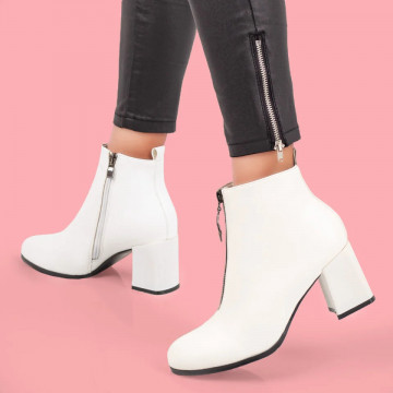 Botine albe cu toc gros si fermoar dama MOD07086, 4, modlet.ro